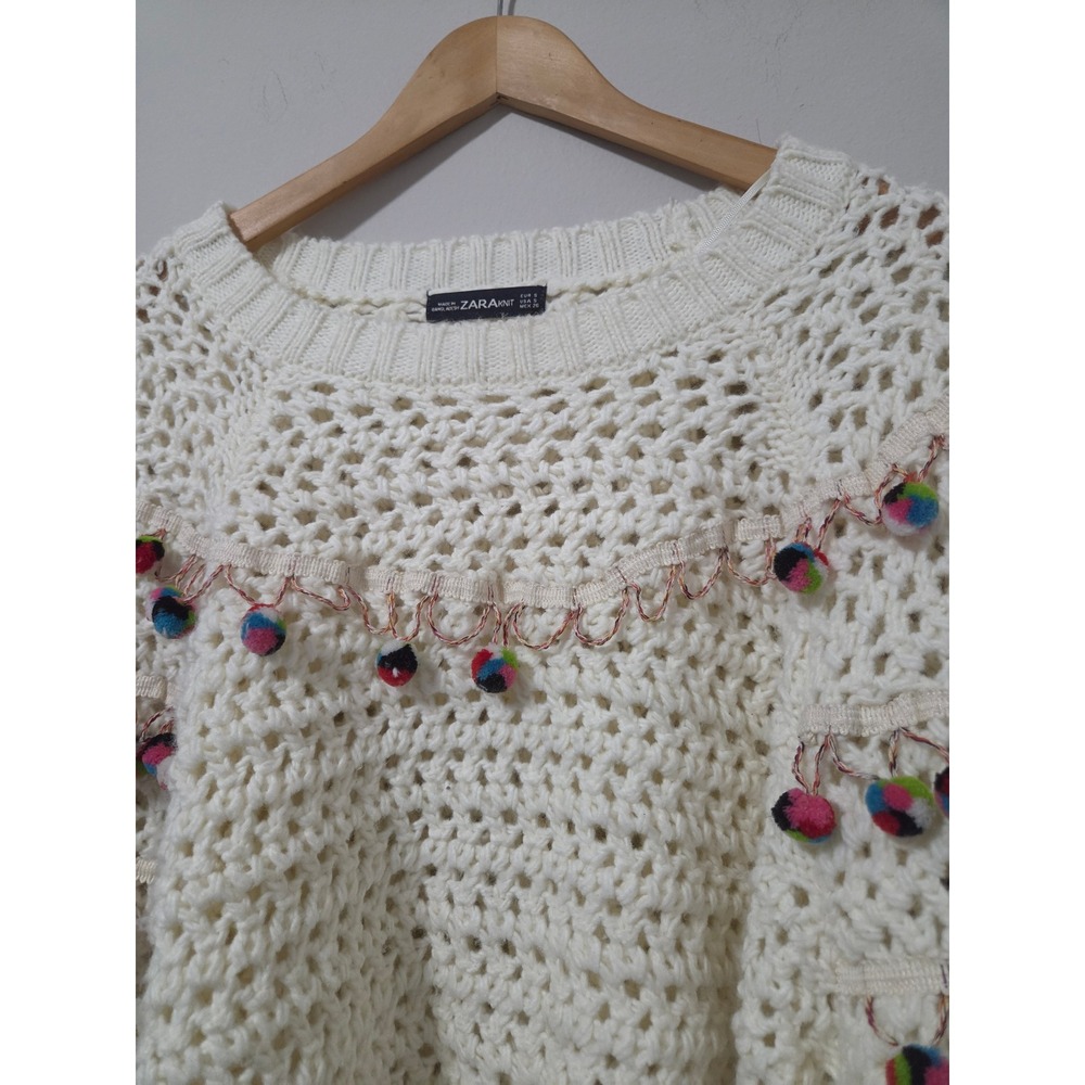 Zara Knit Cream Crochet Pom Pom Fringe Sweater Boho Open Weave Pullover Small - Picture 2 of 5